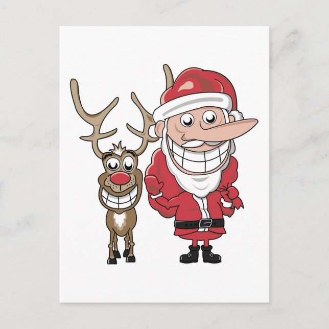 Funny Cartoon Santa und Rudolph Feiertagspostkarte (Vorderseite)