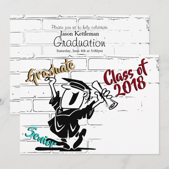 Funny Cartoon Senior Male 🎓 Graduate (Add Year) Einladung (Vorne/Hinten)