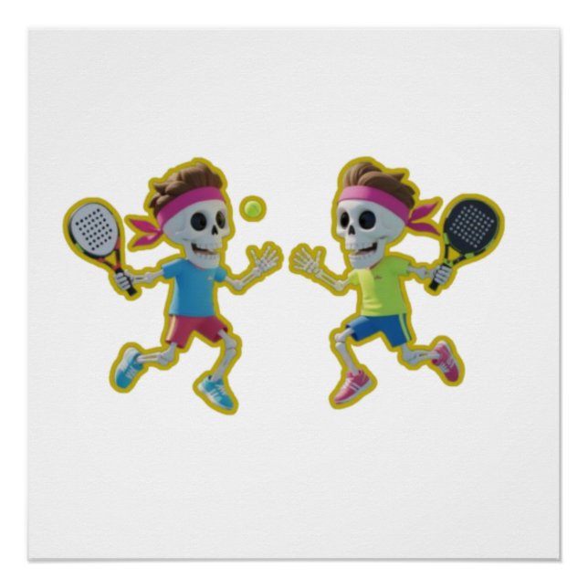 Funny Cartoon Skeletons Playing Padel Tennis – 3D  Poster (Vorderseite)