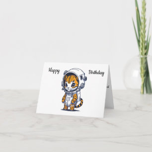 Funny Cartoon Space Cat Happy Birthday Karte