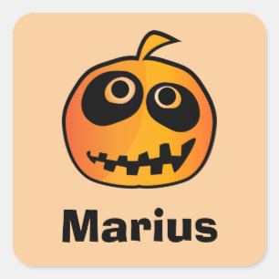 Funny Carved Orange Halloween Pumpkin Face Name Quadratischer Aufkleber