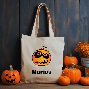 Funny Carved Orange Halloween Pumpkin Face Name Tragetasche