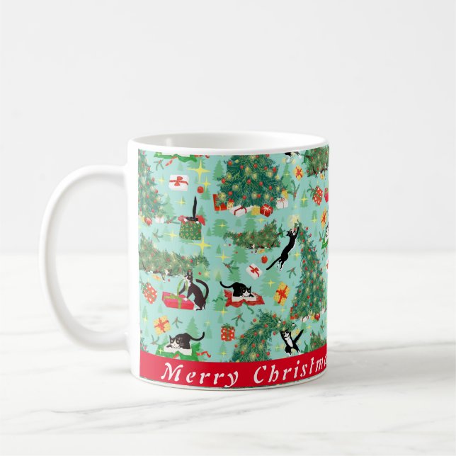 Funny Cat and Christmas Tree Custom Coffee Tasse (Links)