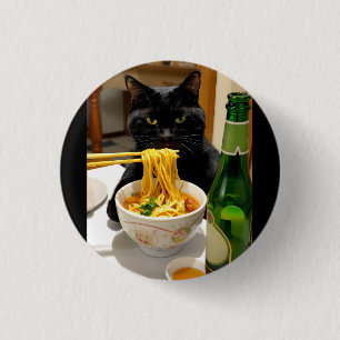 Funny Cat and Noodles Scene - Asian Food Humor Button