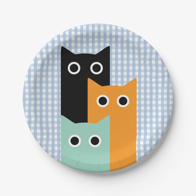 Funny Cat, Blue Gingham Pappteller (Vorderseite)