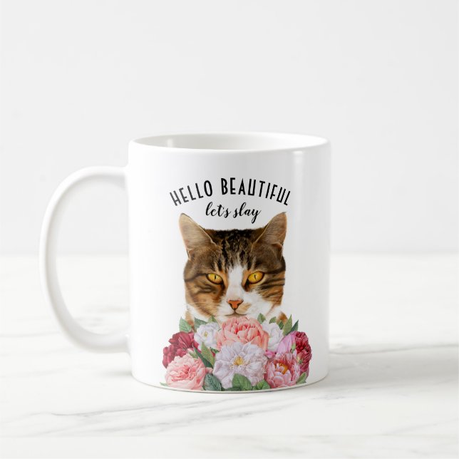 Funny Cat Blume Hello Beautiful Kaffeetasse (Links)