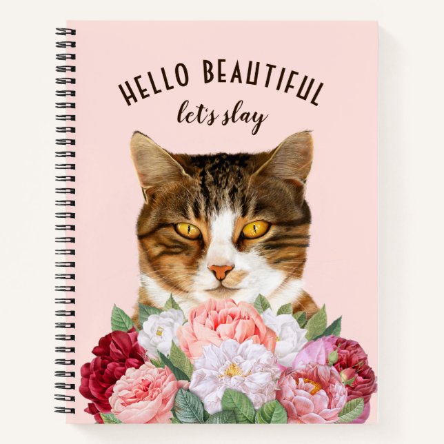 Funny Cat Blume Hello Beautiful Pink Notizbuch (Vorderseite)