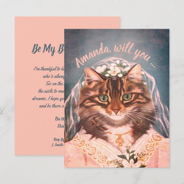 Funny Cat bride meine Brautjungfrau/Trauzeugin inv Einladungspostkarte (Vorne/Hinten)