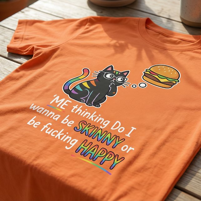 Funny Cat Burger T-Shirt | Skinny or Happy Meme  (Von Creator hochgeladen)