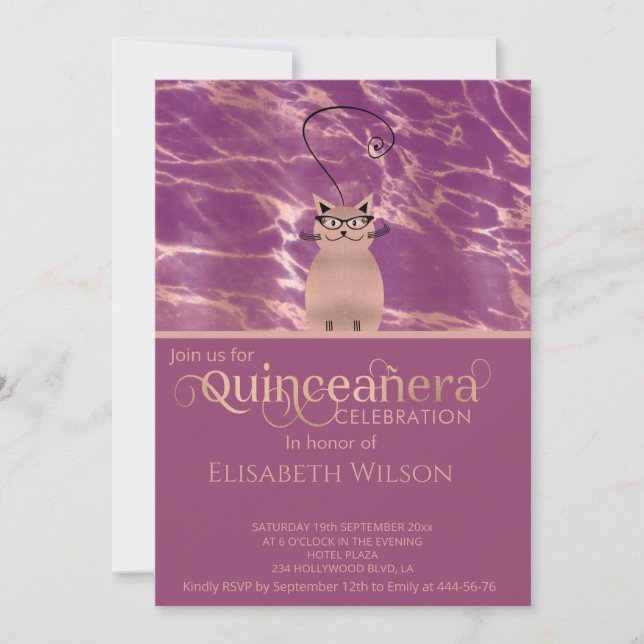 Funny cat Cassis Rose Goldmarmor Quinceañera Einladung (Vorderseite)
