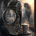 Funny Cat Caturday Coffee Armbanduhr<br><div class="desc">Eine künstlerische Uhr mit einem Gemälde einer gruseligen Katze, die einen Kaffee trinkt. Fügen Sie Ihre eigenen lustigen oder anderen Texte hinzu.</div>