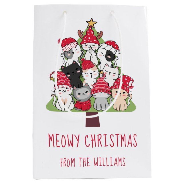 Funny Cat Christmas Tree Mittlere Geschenktüte (Vorderseite)
