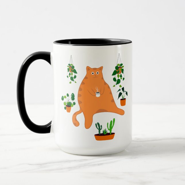 Funny Cat Drink Kaffee Tasse, Katze mit Pflanze Tasse (Links)