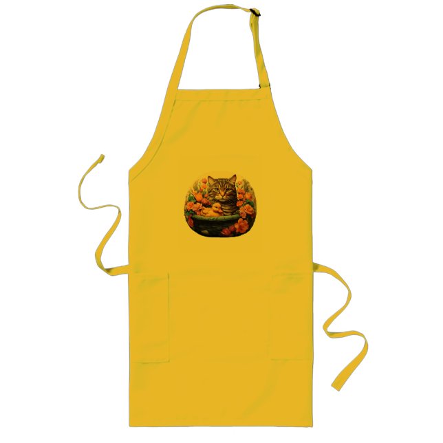 Funny Cat & Duck in einem Korb mit Blume Lange Schürze (Vorne)