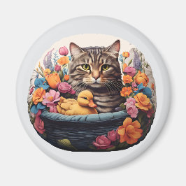 Funny Cat & Duck in einem Korb mit Blume Magnet