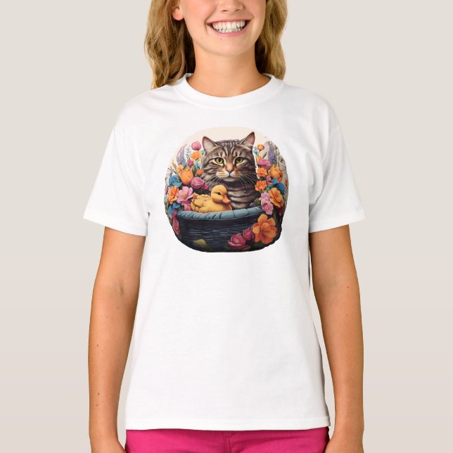 Funny Cat & Duck in einem Korb mit Blume T - Shirt (Vorderseite)