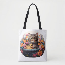 Funny Cat & Duck in einem Korb mit Blume Tasche