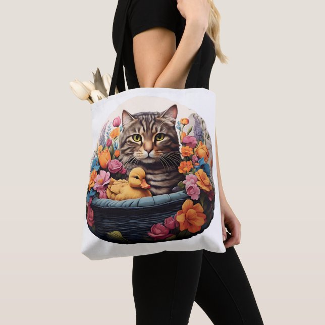 Funny Cat & Duck in einem Korb mit Blume Tasche (Von Nahem)