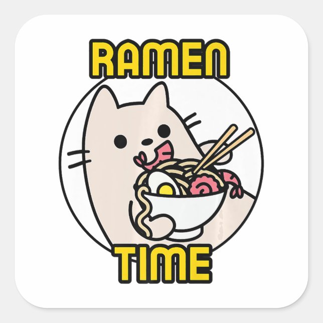 Funny Cat Eating Ramen Cat Lover Pet Eigentümer Quadratischer Aufkleber (Vorderseite)