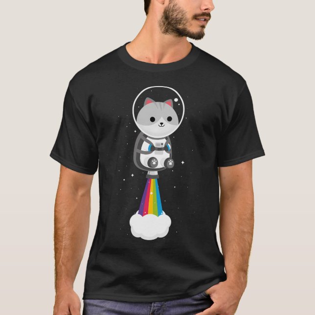 Funny Cat fliegt mit Rainbow Jetpac durch den Welt T-Shirt (Vorderseite)