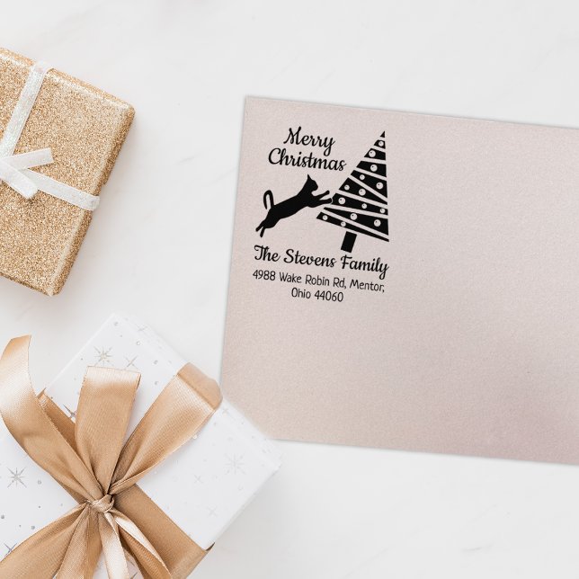 Funny Cat Frohe Weihnachtsfamilie Rücksendeadresse Gummistempel (Von Creator hochgeladen)