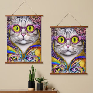 Funny Cat Funky Retro mit Brillen Wandteppich Mit Holzrahmen