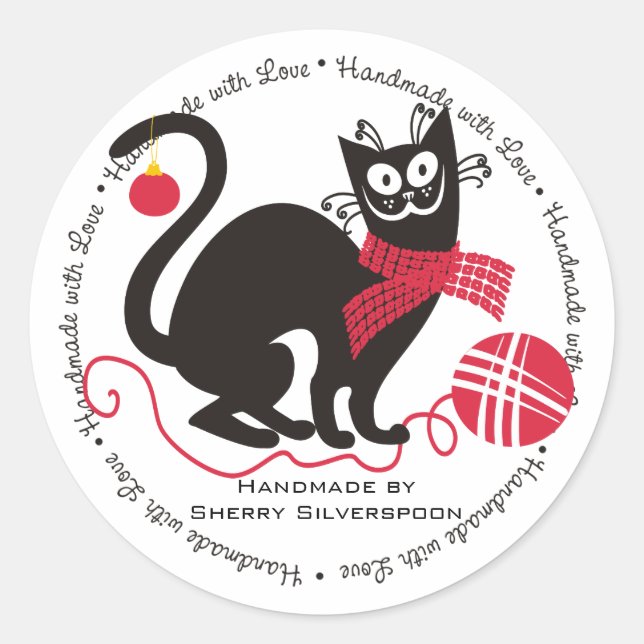 Funny Cat Garn Strickfaser Weihnachten Runder Aufkleber (Vorderseite)