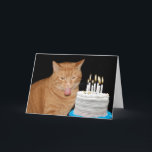 Funny Cat Geburtstag Karte<br><div class="desc">Orangefarbene Katze mit der Zunge aus einer glühenden Kuchen</div>