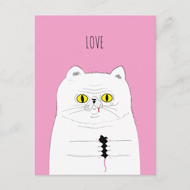 Funny Cat Gifting a Mouse LIEBE Postkarte (Vorderseite)