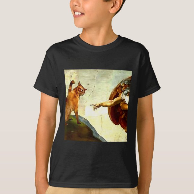 Funny Cat God Creation Of Adam Meme Jesus Christia T-Shirt (Vorderseite)