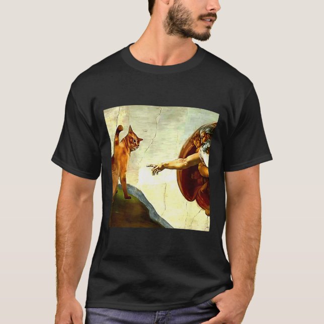 Funny Cat God Creation Of Adam Meme Jesus Christia T-Shirt (Vorderseite)