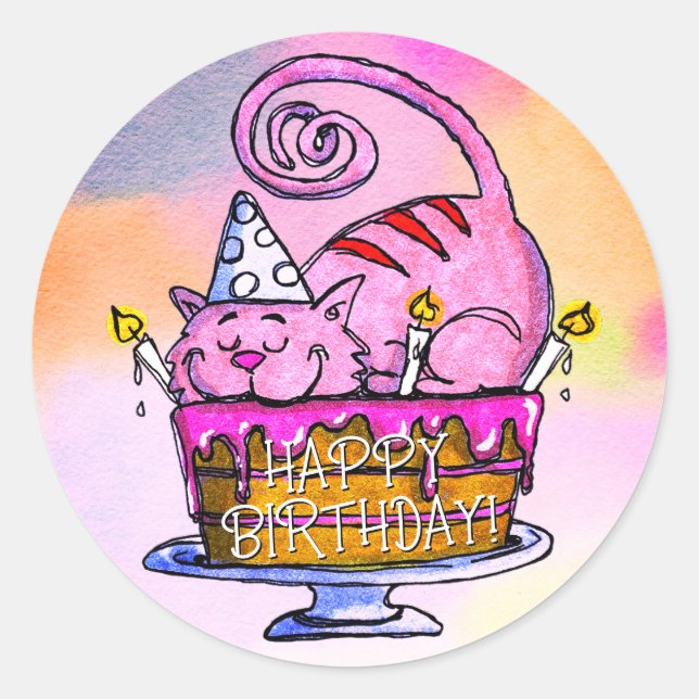 Funny Cat Happy Birthday Cake und Candles Runder Aufkleber (Vorderseite)