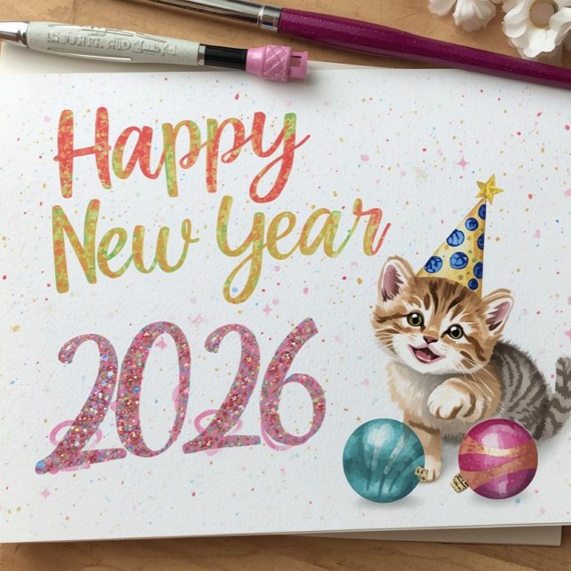 funny cat happy new year Flat Card (Von Creator hochgeladen)