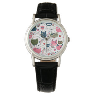 Funny Cat Head Muster Frauenuhren Armbanduhr