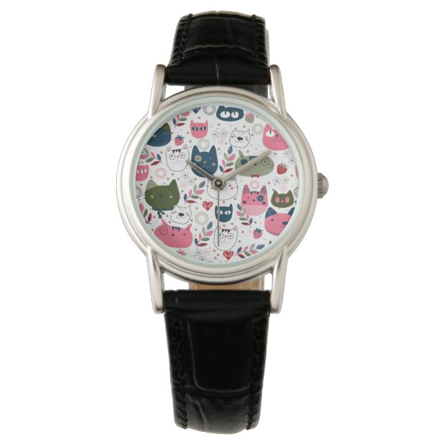 Funny Cat Head Muster Frauenuhren Armbanduhr (Vorderseite)