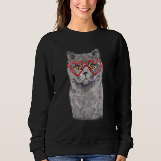 Funny Cat Heart Glasses Valentine's Day British Sh Sweatshirt (Vorderseite)