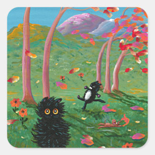 Funny Cat Herbstlaubs Cartoon Kreationarts Quadratischer Aufkleber