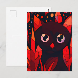 Funny Cat Hiding Behind Autumn's Leaves AnimeStyle Postkarte