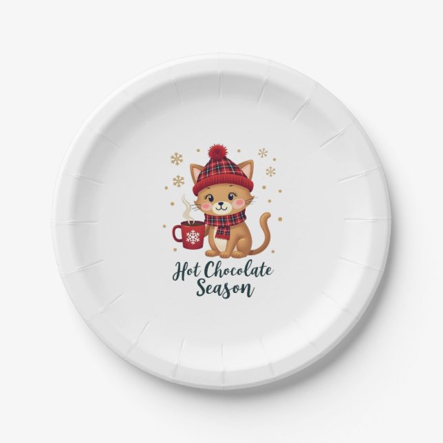 Funny Cat Hot Choco Jahreszeit Frohe Weihnachten M Pappteller (Vorderseite)