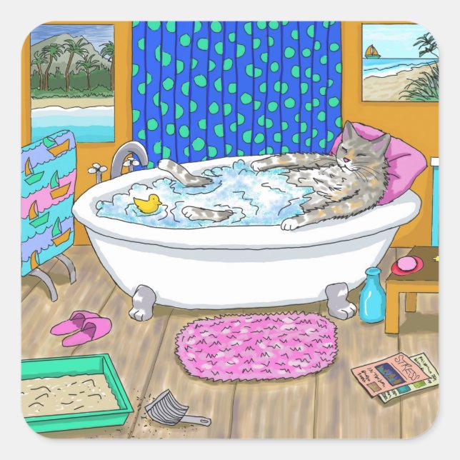 Funny Cat in Bath 665 Quadratischer Aufkleber (Vorderseite)