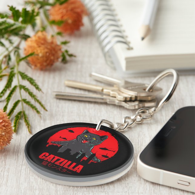Funny Cat Japanese Themed Catzilla Monster Schlüsselanhänger (Vorderseite rechts)