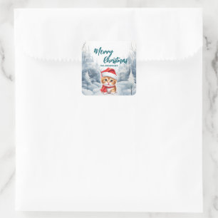 Funny Cat kitty Merry Xmas Baum Schnee Feier Quadratischer Aufkleber