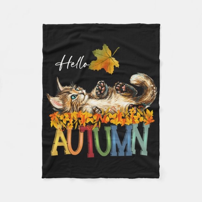 Funny Cat Leaf Fall Hallo Herbst Niedlich Kitten C Fleecedecke (Vorderseite)