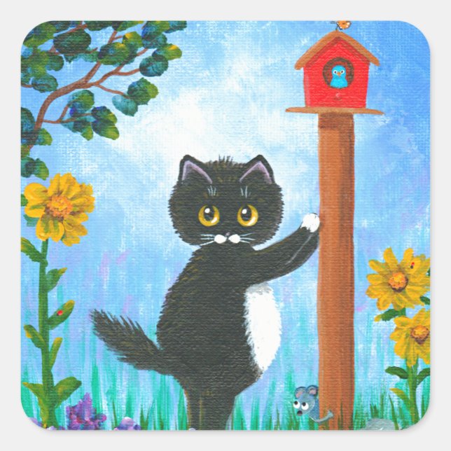 Funny Cat Maus Vogel Cartoon Creationarts Quadratischer Aufkleber (Vorderseite)