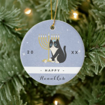 Funny Cat Menorah & Dreidel Happy Hanukkah Blue