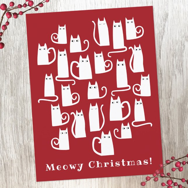 Funny Cat Meowy Carte postale de Noël (Red and white cat fun holiday postcard)