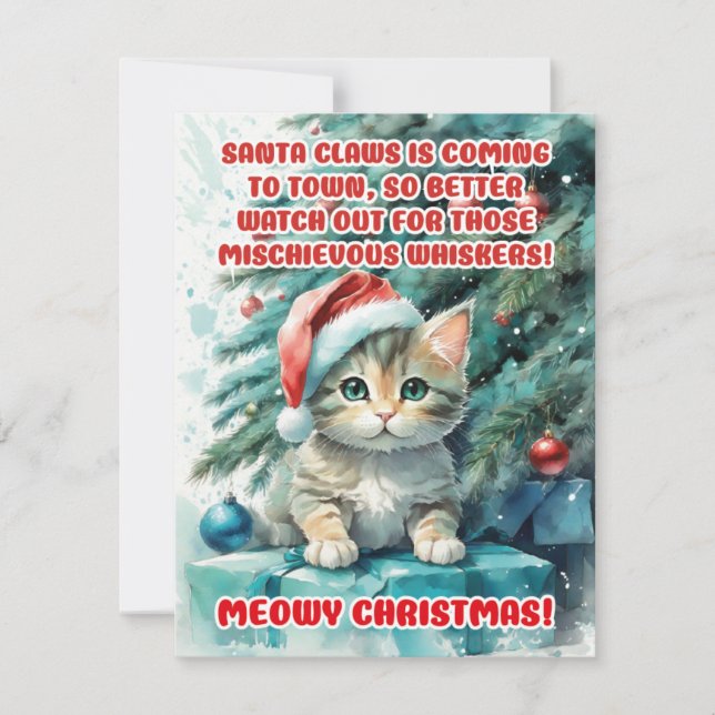 "FUNNY CAT MEOWY CHRISTMAS" Grußkarten Feiertagskarte (Vorderseite)