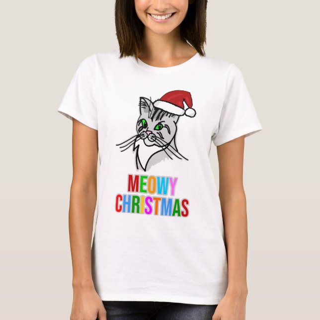 Funny Cat Meowy Weihnachten T-Shirt (Vorderseite)