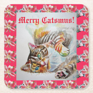Funny Cat Meriten Katzen Weihnachten Rote Lily Unt Rechteckiger Pappuntersetzer