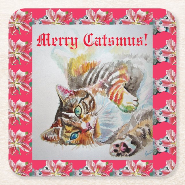 Funny Cat Meriten Katzen Weihnachten Rote Lily Unt Rechteckiger Pappuntersetzer (Vorderseite)